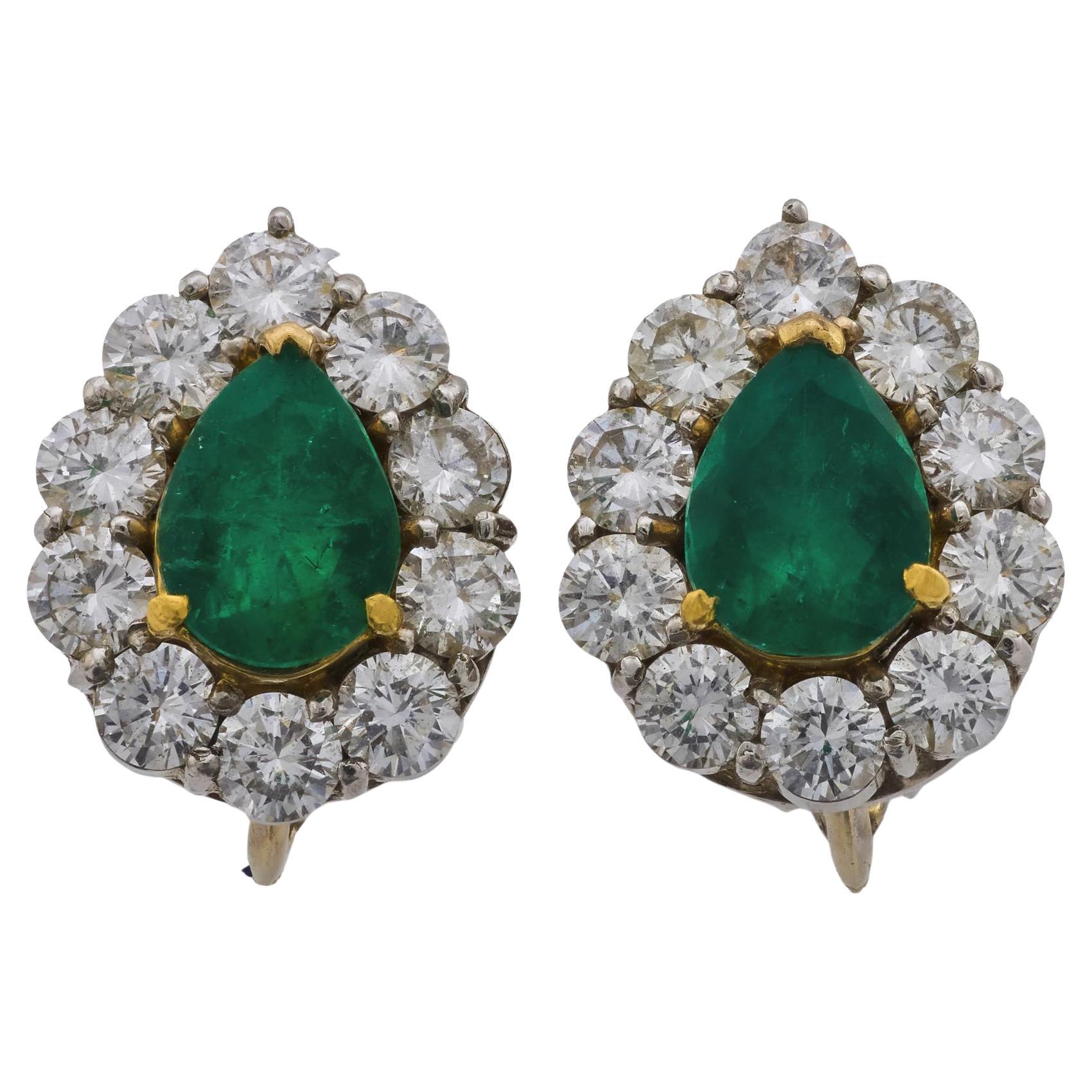 Vintage 1.25 carat emerald diamond platinum and 14k white gold cluster earrings