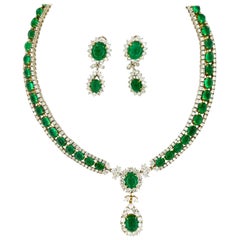 Vintage 125 Carat Russian Emeralds and Diamonds Necklace and Earring Circa 1960