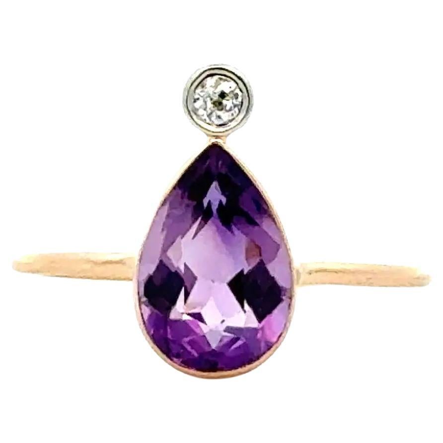 Vintage 1.25 Carat Pear Amethyst and Diamond Gold Ring For Sale
