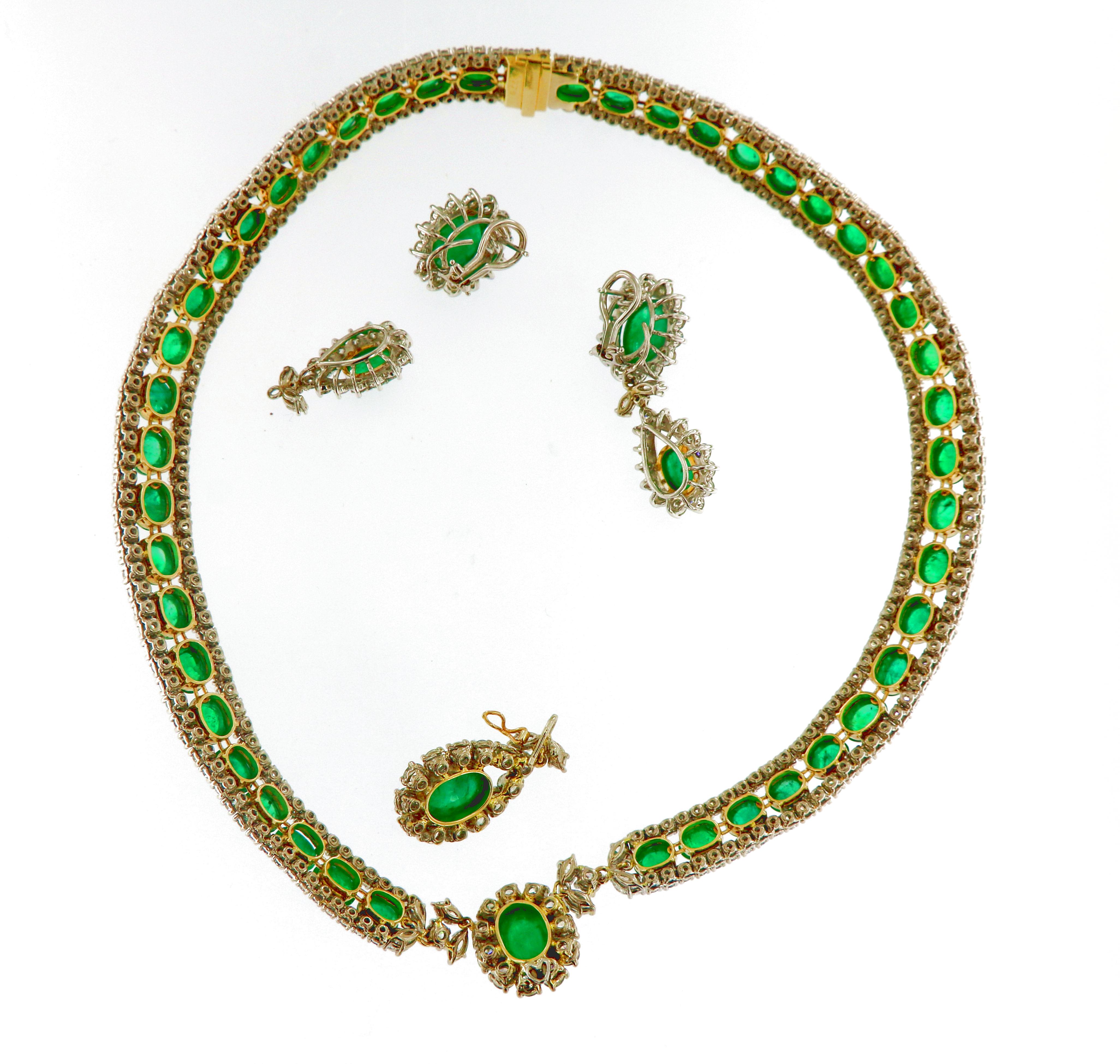 Women's Vintage 125 Carat Russian Emeralds and Diamonds Necklace and Earring Circa 1960 