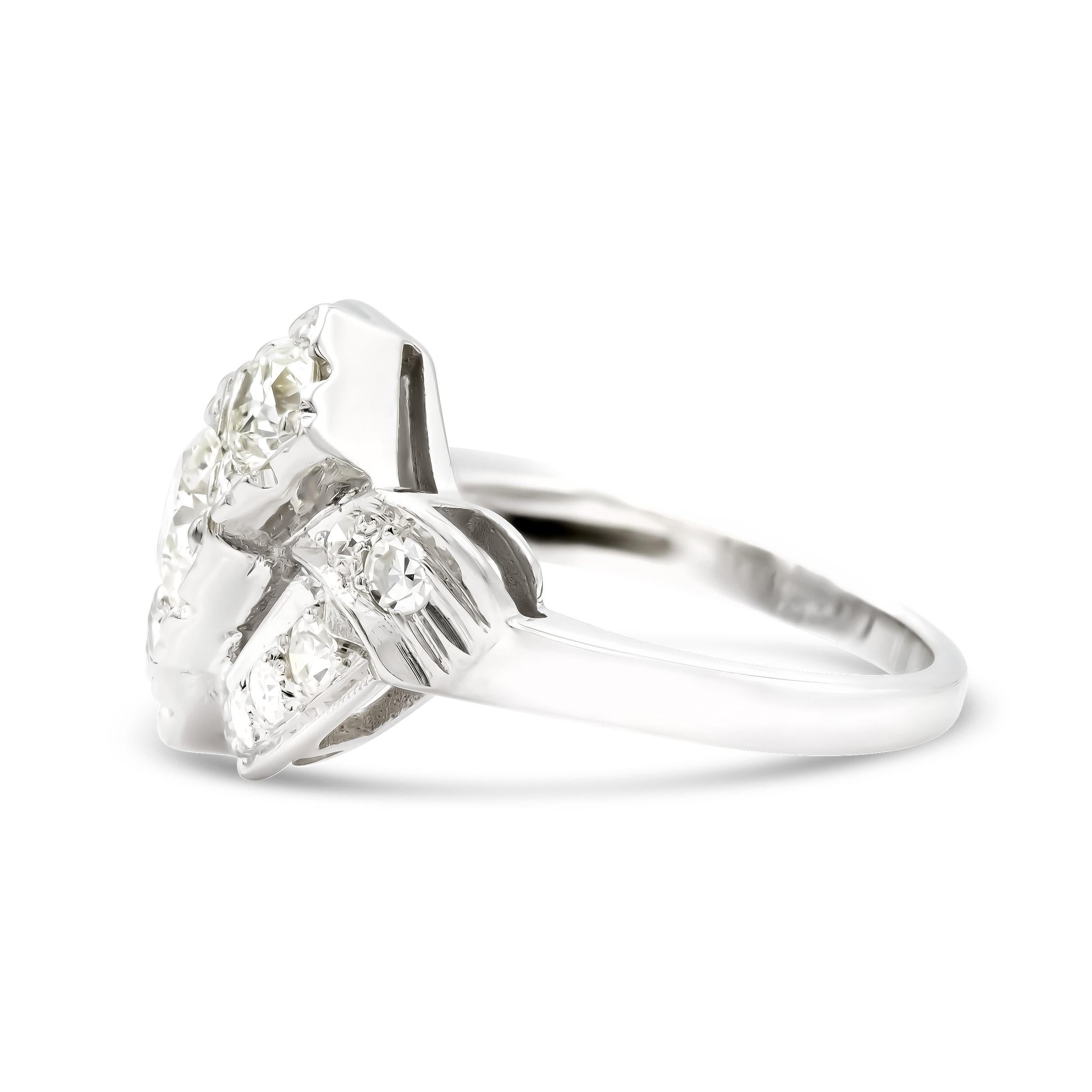 Round Cut Vintage 1.25 Ct. Three-Stone Diamond Ring H-I SI in 14kt White Gold For Sale