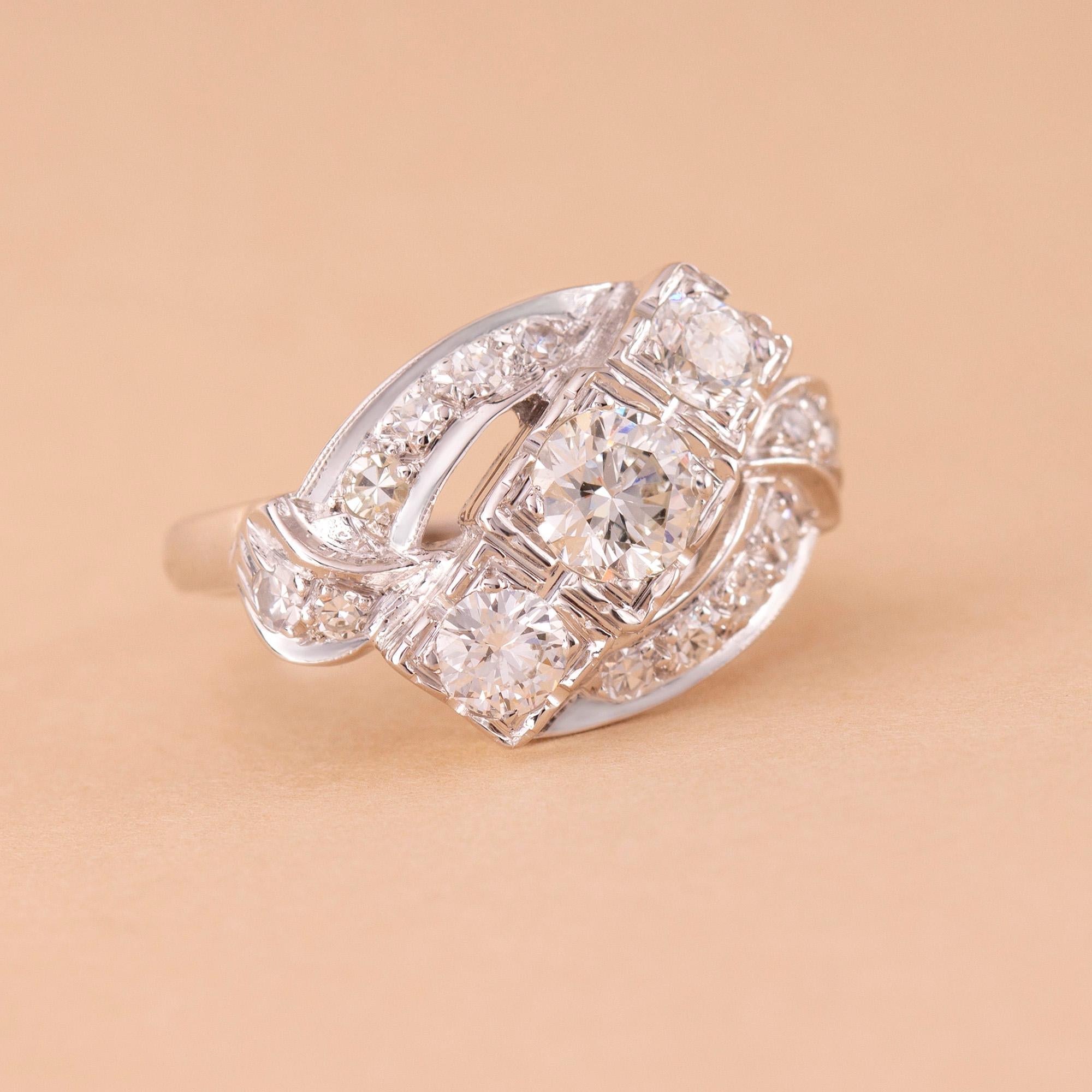 Women's or Men's Vintage 1.25 Ct. Three-Stone Diamond Ring H-I SI in 14kt White Gold For Sale