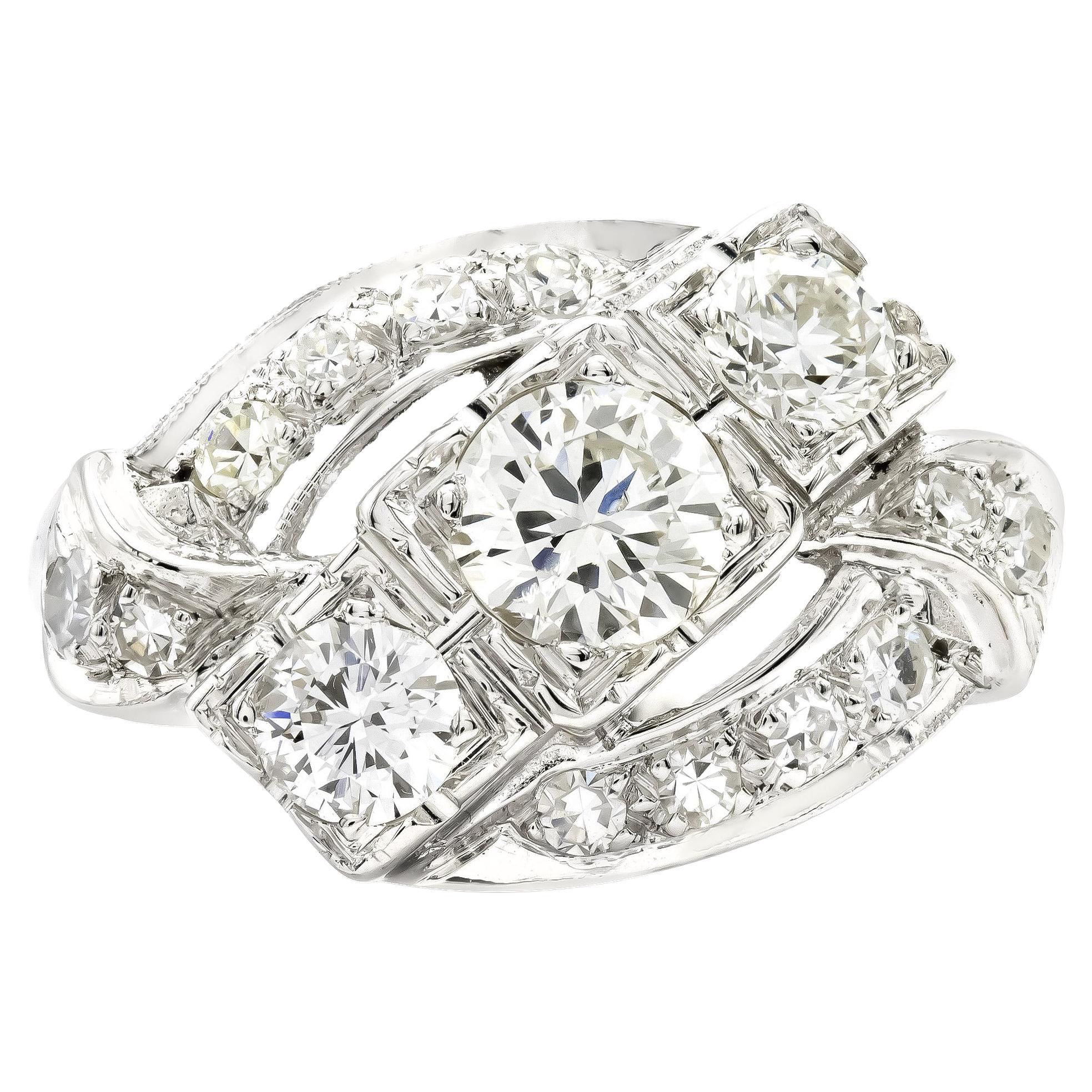 Vintage 1.25 Ct. Three-Stone Diamond Ring H-I SI in 14kt White Gold For Sale