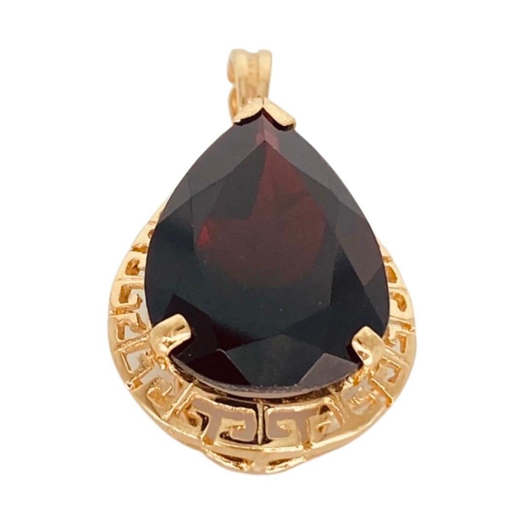 Vintage 12.50 Carat Garnet Pear Shape Greek Key Pendant 14k Gold Made in Italy. The pendant weights 4.5g