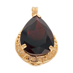 Vintage 12.50 Carat Garnet Pear Shape Greek Key Pendant 14k Gold Italy