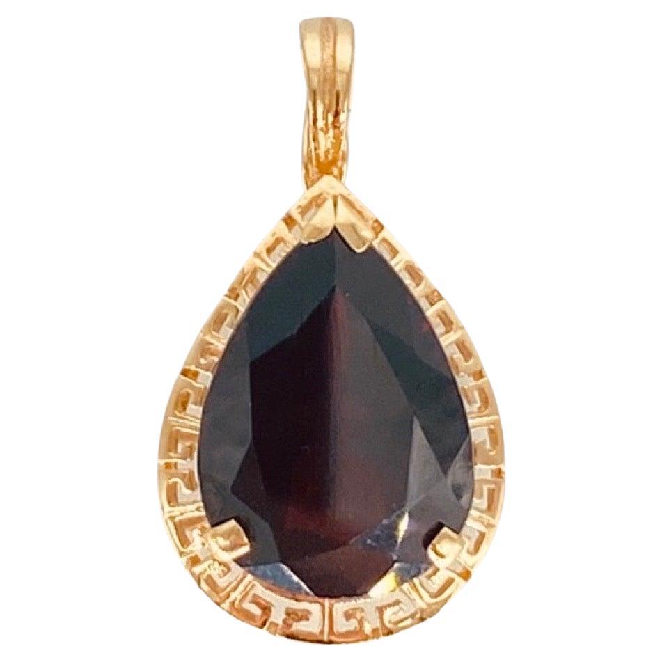 Vintage 12.50 Carat Garnet Pear Shape Greek Key Pendant 14k Gold Italy For Sale