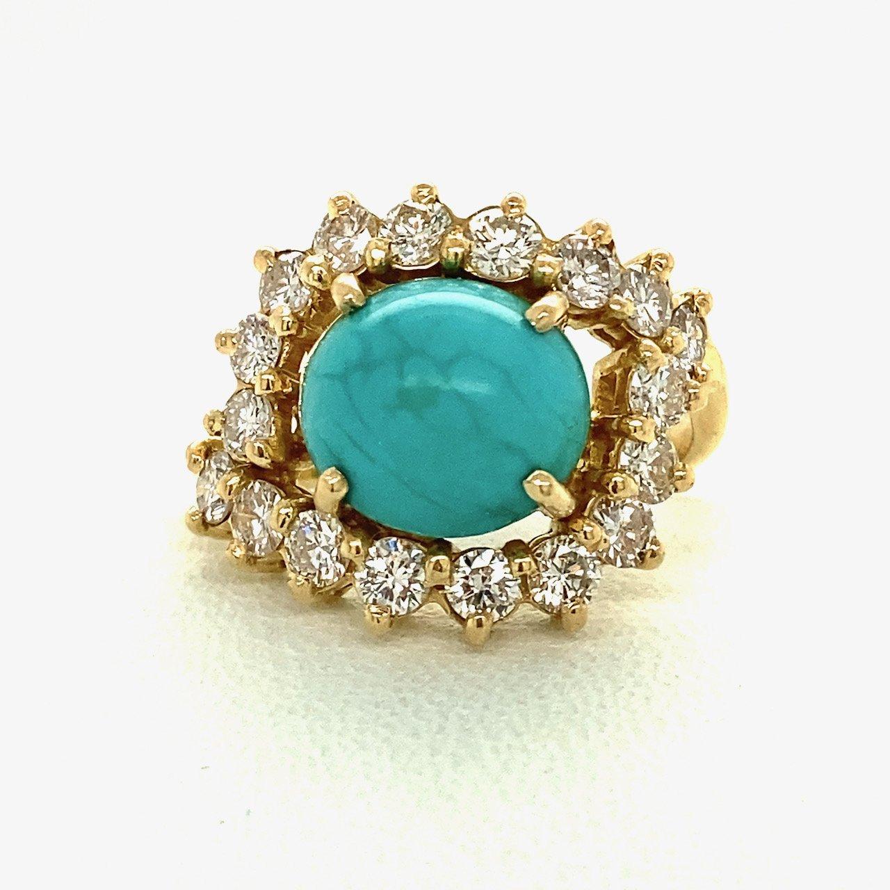 Modern Vintage 1.25CT Diamond & Turquoise 18K Gold Ring For Sale