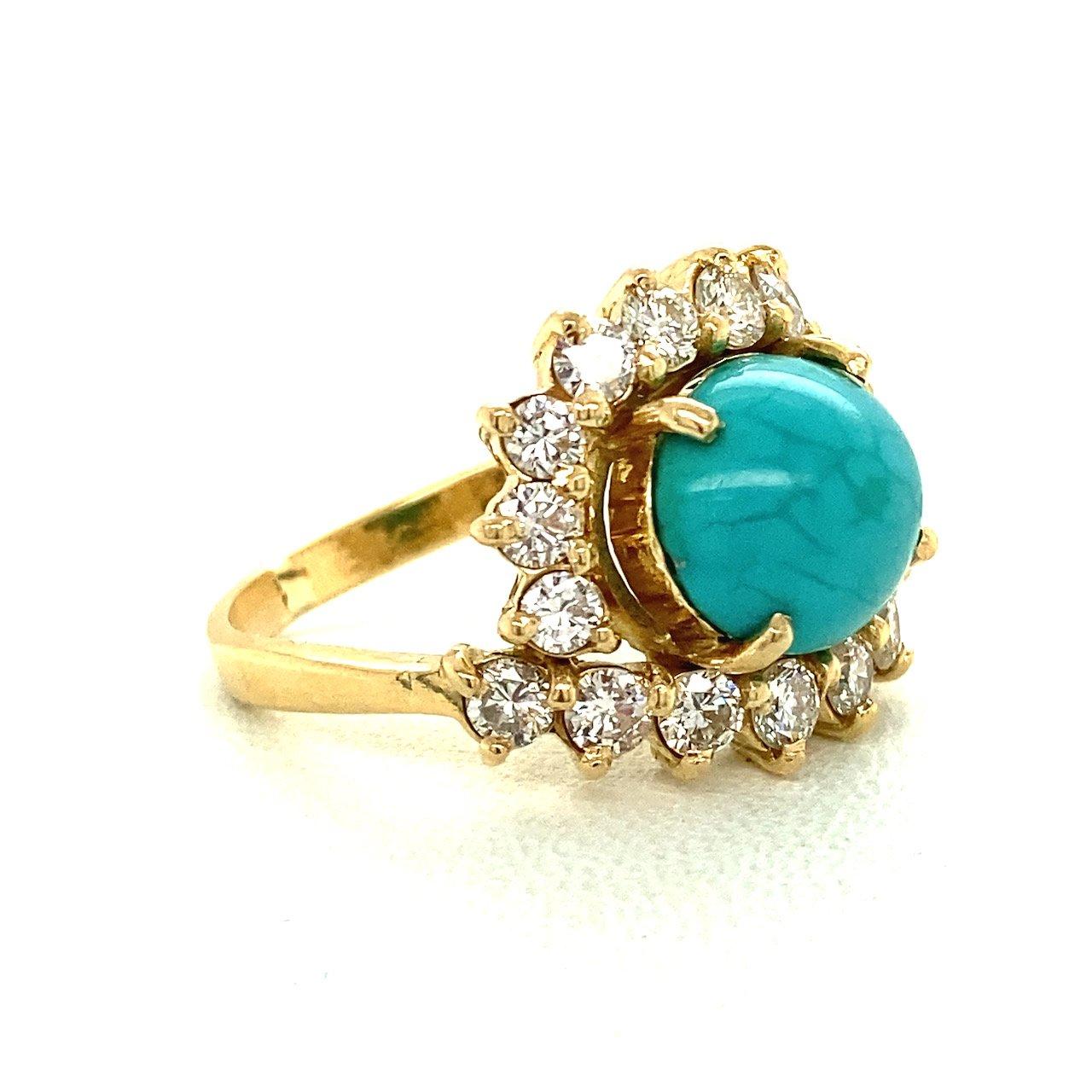 Vintage 1.25CT Diamond & Turquoise 18K Gold Ring In Good Condition For Sale In Los Angeles, CA