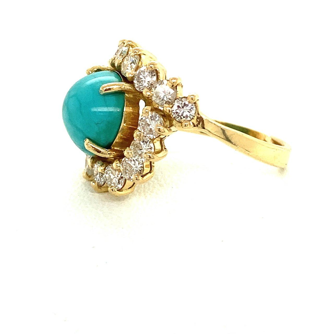 Women's Vintage 1.25CT Diamond & Turquoise 18K Gold Ring For Sale