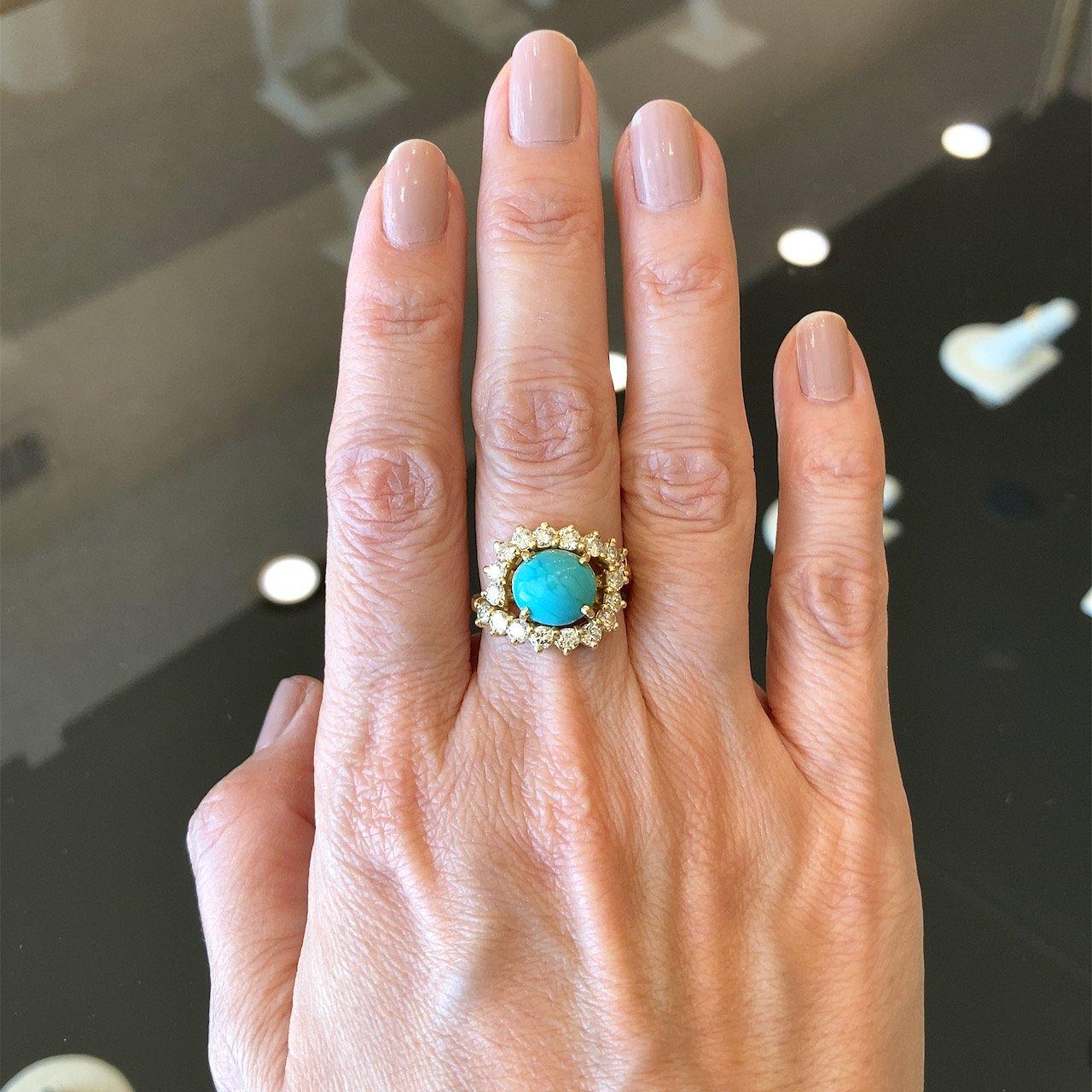 Vintage 1.25CT Diamond & Turquoise 18K Gold Ring For Sale 2