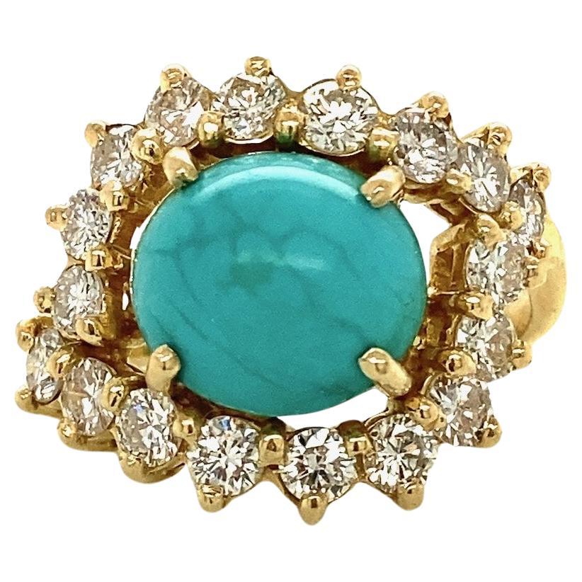 Vintage 1.25CT Diamond & Turquoise 18K Gold Ring For Sale