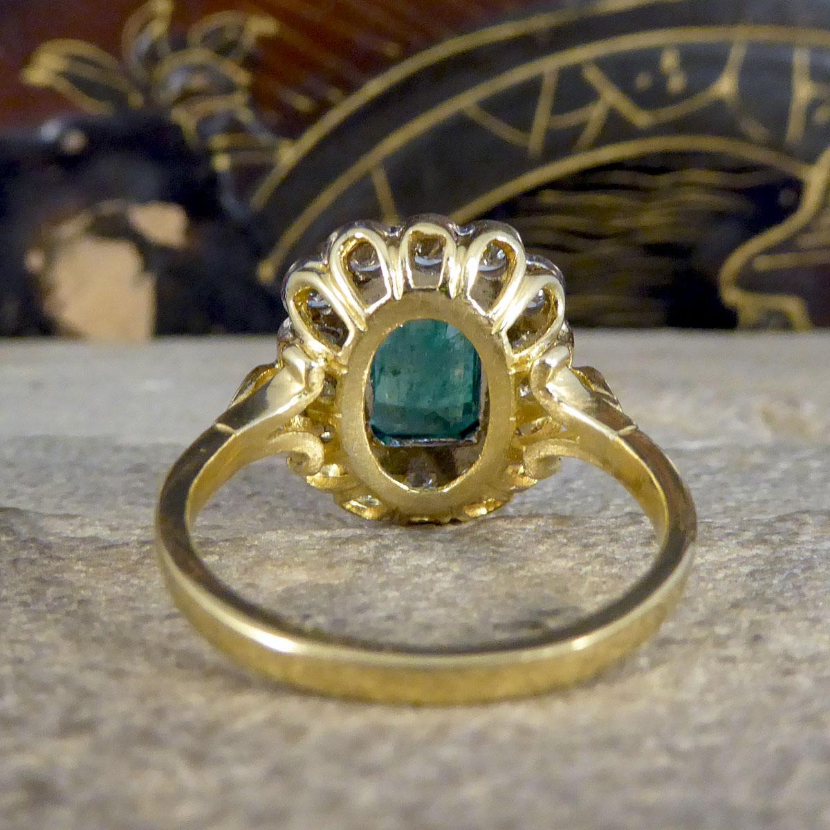 Edwardian Vintage 1.25ct Emerald and 0.50ct Diamond Cluster Ring in 18ct Yellow and White