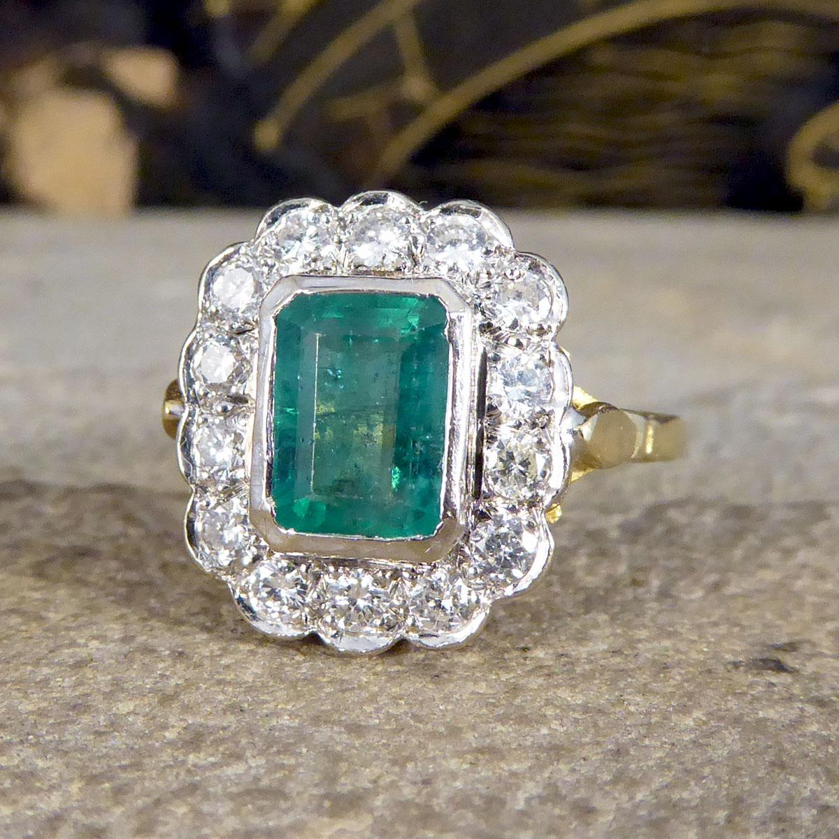 Emerald Cut Vintage 1.25ct Emerald and 0.50ct Diamond Cluster Ring in 18ct Yellow and White
