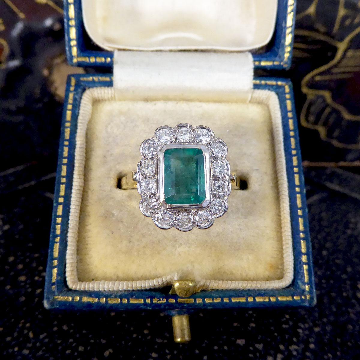 Vintage 1.25ct Emerald and 0.50ct Diamond Cluster Ring in 18ct Yellow and White 1