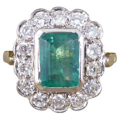 Vintage 1.25ct Emerald and 0.50ct Diamond Cluster Ring in 18ct Yellow and White