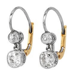 Vintage 1.25cts Old Mine Diamond Platinum Gold Drop Earrings