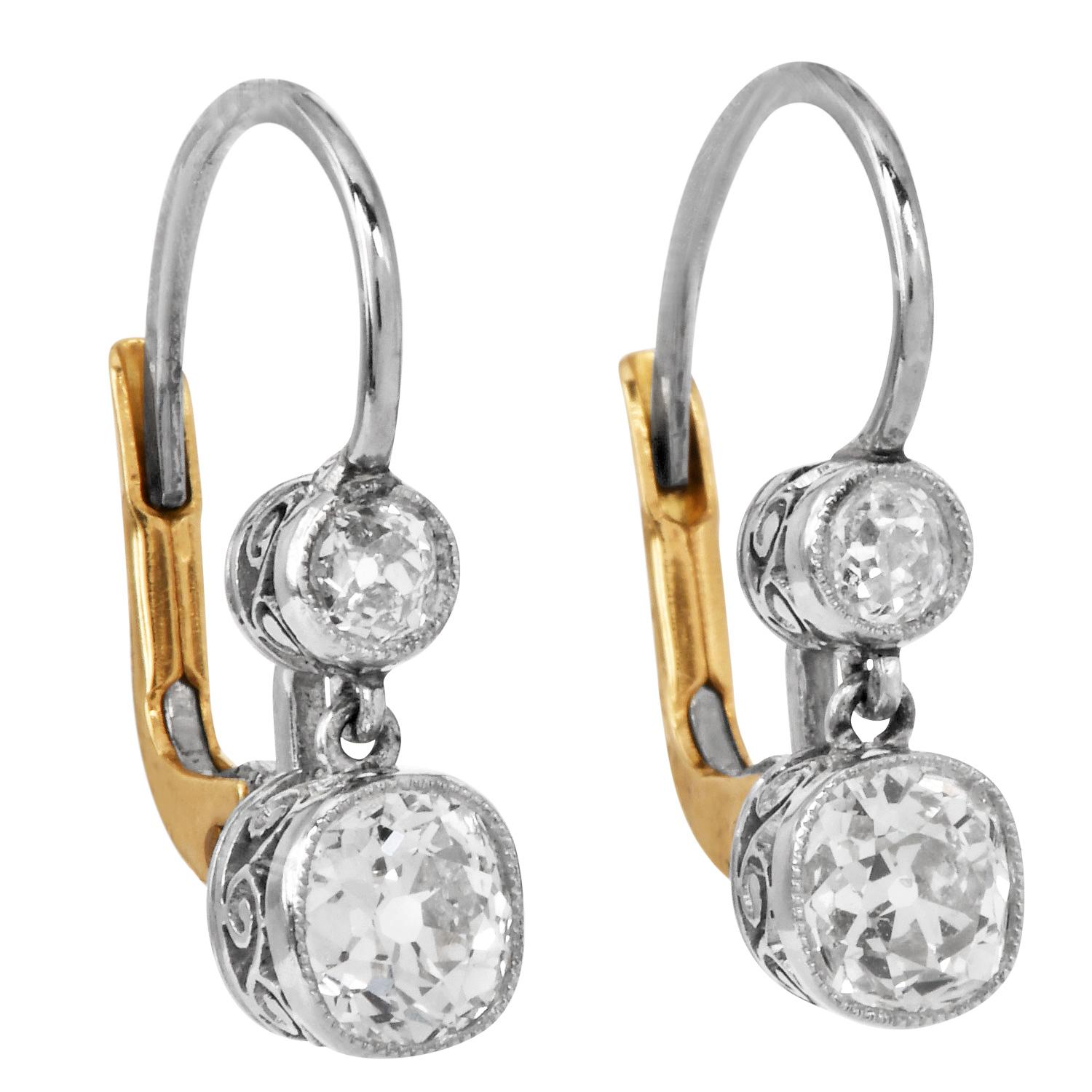 Vintage 1.25 Karat Old Mine Diamant Platin Gold Tropfenohrringe (Alteuropäischer Brillantschliff) im Angebot