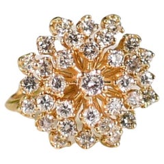 Bague grappe "Burst" vintage en or 14 carats avec diamants de 1,25 carat poids total