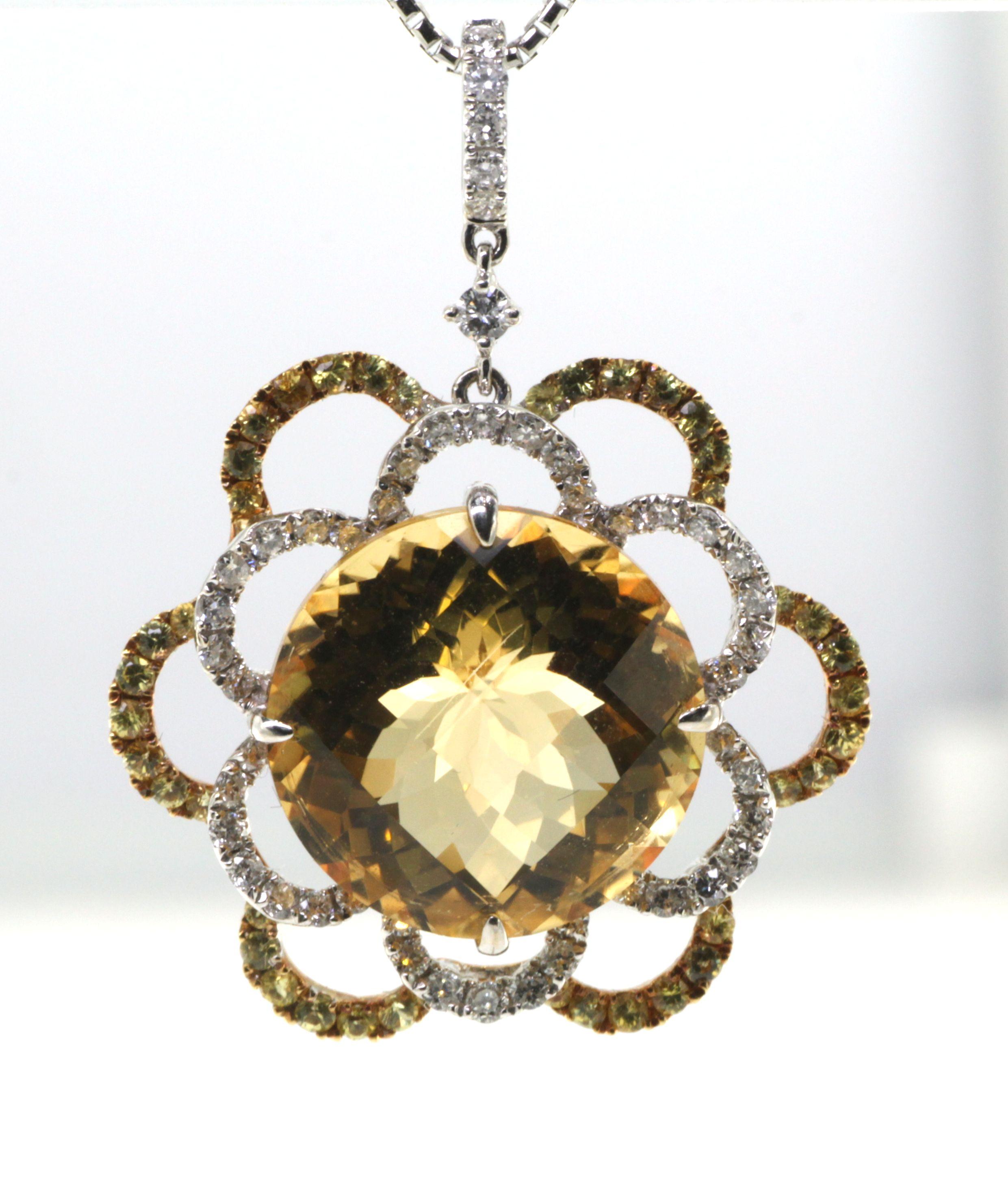 Taille cabochon Pendentif vintage en or jaune et blanc 18 carats avec citrine de 12,75 carats et diamants en vente