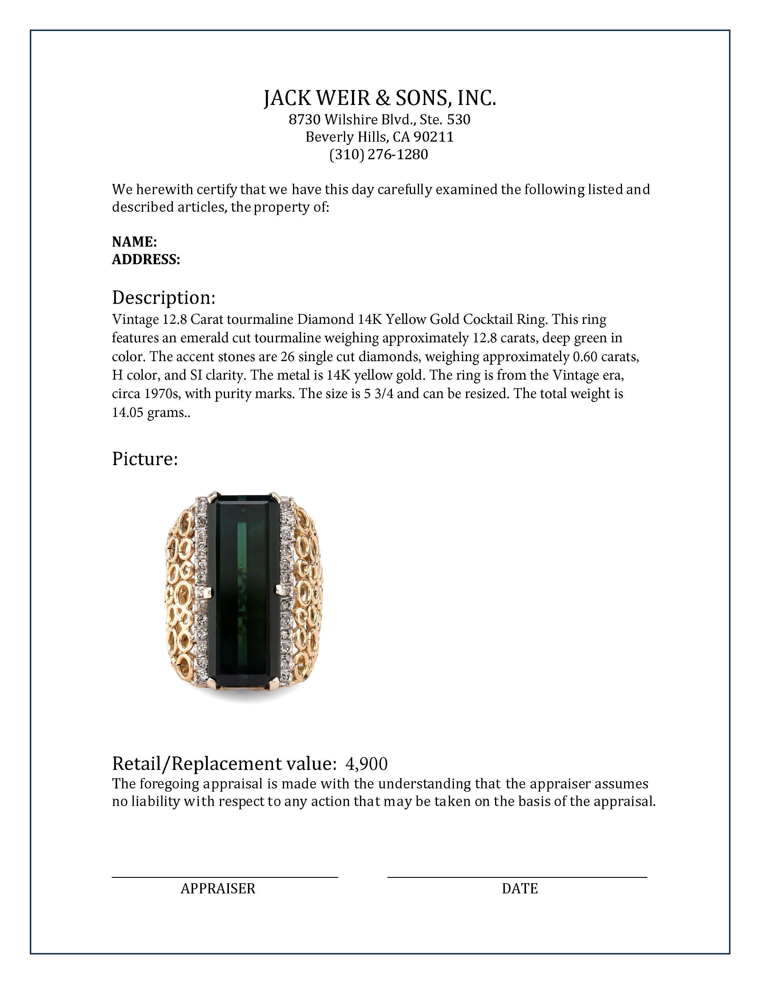 Cocktailring aus 14 Karat Gelbgold mit 12,8 Karat Turmalin und Diamant im Zustand „Hervorragend“ in Beverly Hills, CA