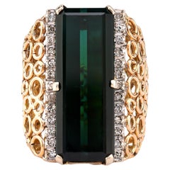 Vintage 12.8 Carat Tourmaline Diamond 14K Yellow Gold Cocktail Ring