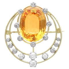 Vintage 12.80 Carat Topaz, 0.82 Carat Diamond and 14k Yellow Gold Brooch