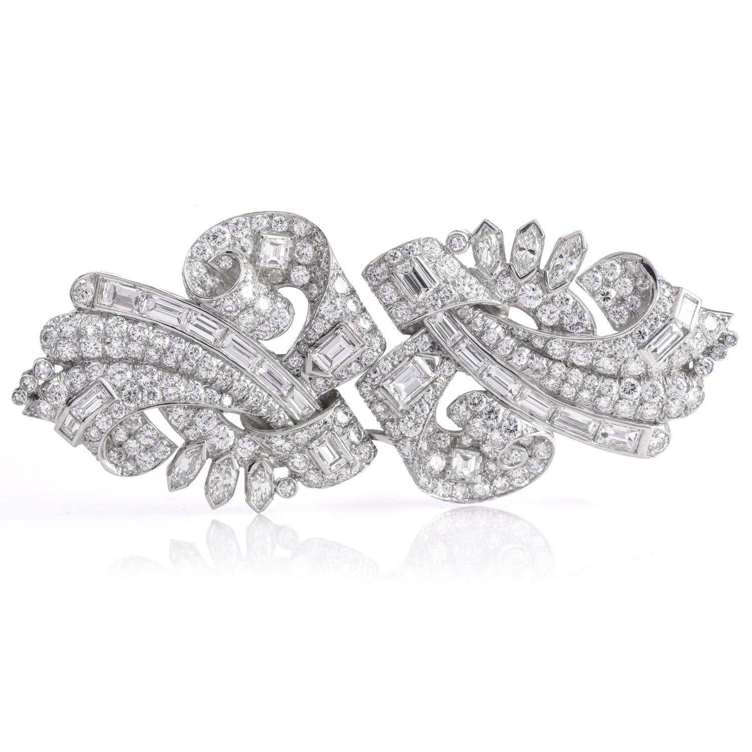 Presenting an exquisite vintage jewelry piece: a double clip brooch pin showcasing an impressive 12.82 carat total weight of natural diamonds, all set in elegant platinum. This brooch is a testament to exceptional craftsmanship, featuring a