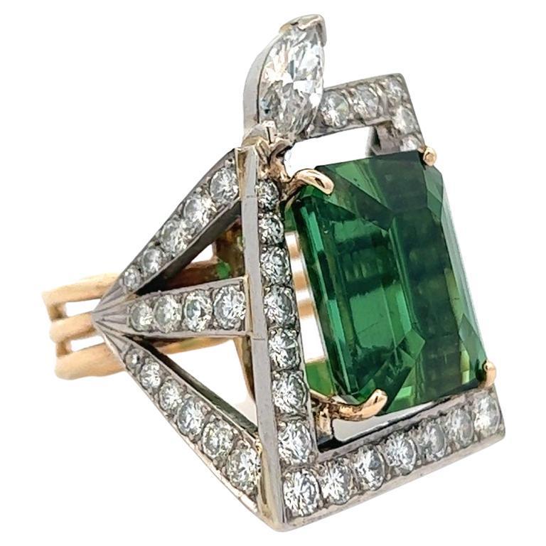 Women's or Men's Vintage 12.86 Carats Green Tourmaline Diamond 14k Two Tone Gold Cocktail Ring