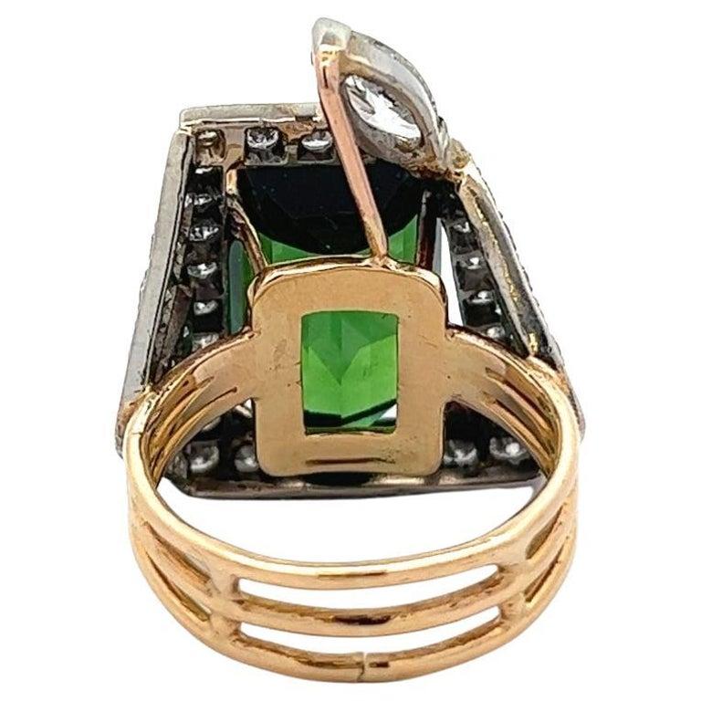 Vintage 12.86 Carats Green Tourmaline Diamond 14k Two Tone Gold Cocktail Ring 1