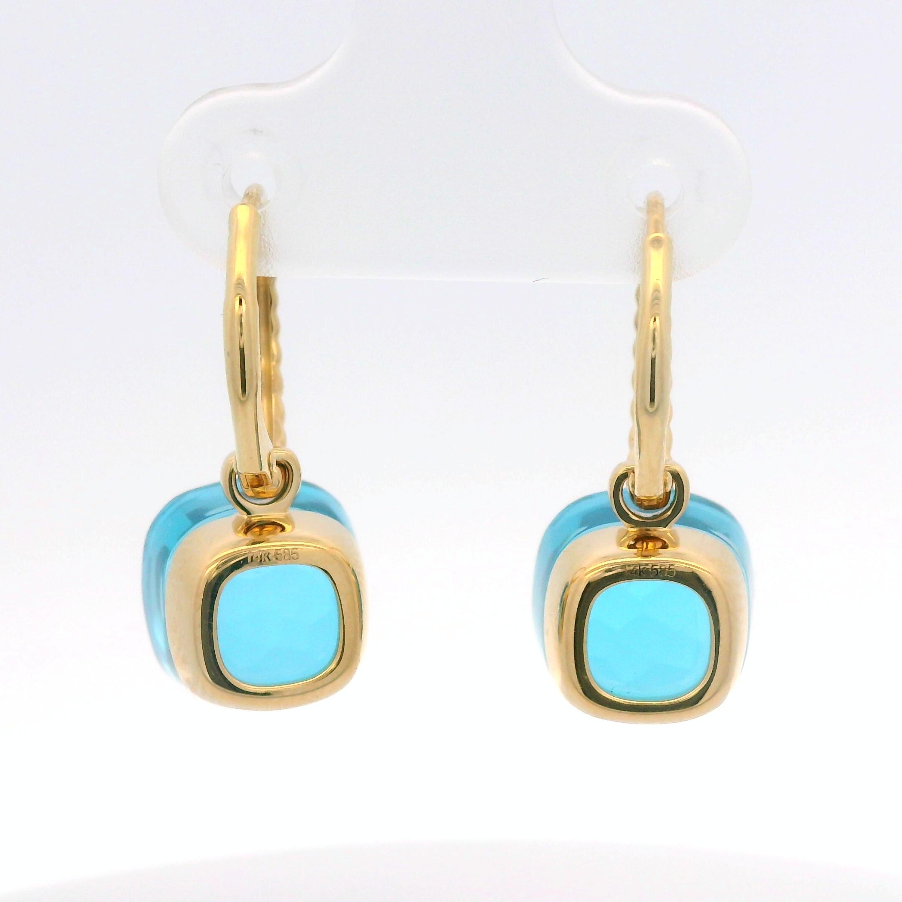 Pendientes colgantes vintage de topacio azul de 12,8 quilates en oro amarillo de 14 quilates en Nuevo estado para la venta en Hong Kong, HK