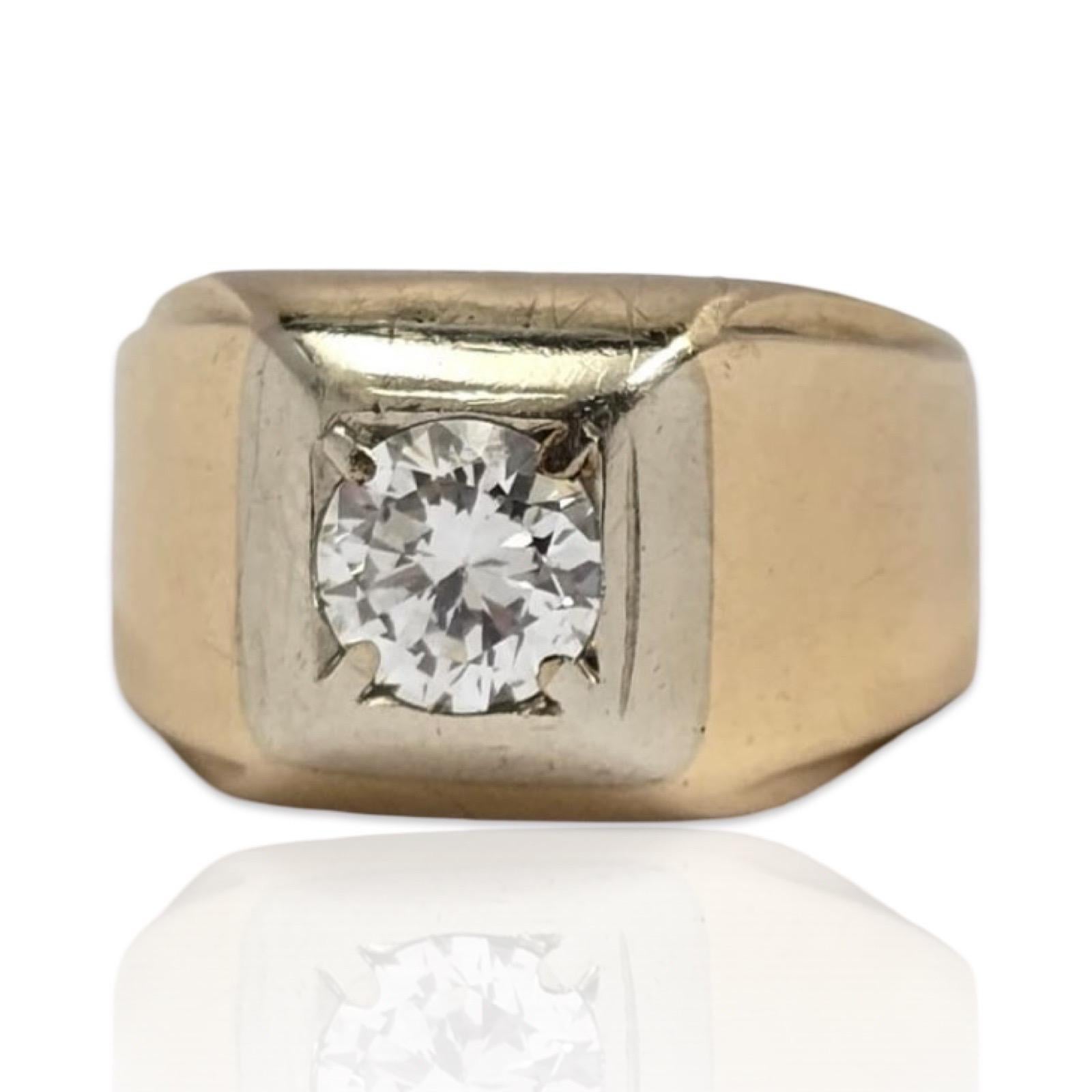Taglio rotondo Anello retrò da uomo con diamante naturale GIA da 1,28 ct in oro bicolore 14k in vendita