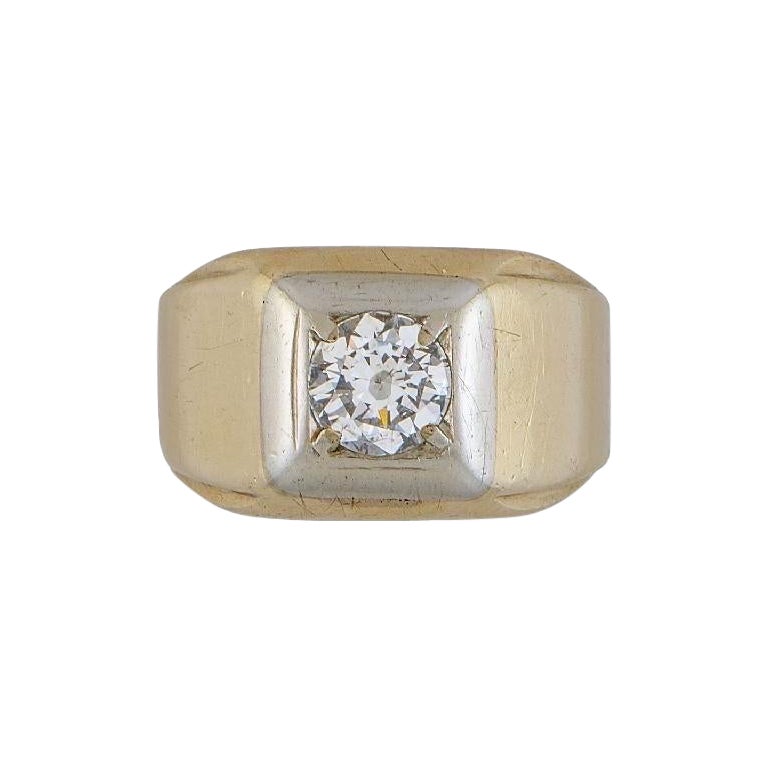 Anello retrò da uomo con diamante naturale GIA da 1,28 ct in oro bicolore 14k in vendita
