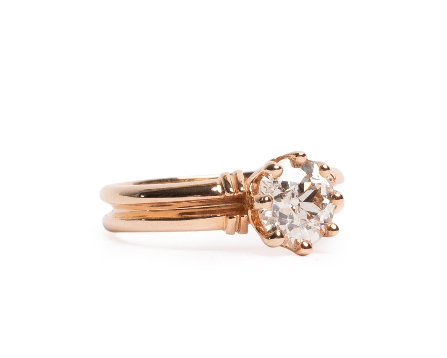 Round Cut Vintage 1.28 Carat Old European Cut Diamond 14k Rose Gold Antique Solitaire Ring