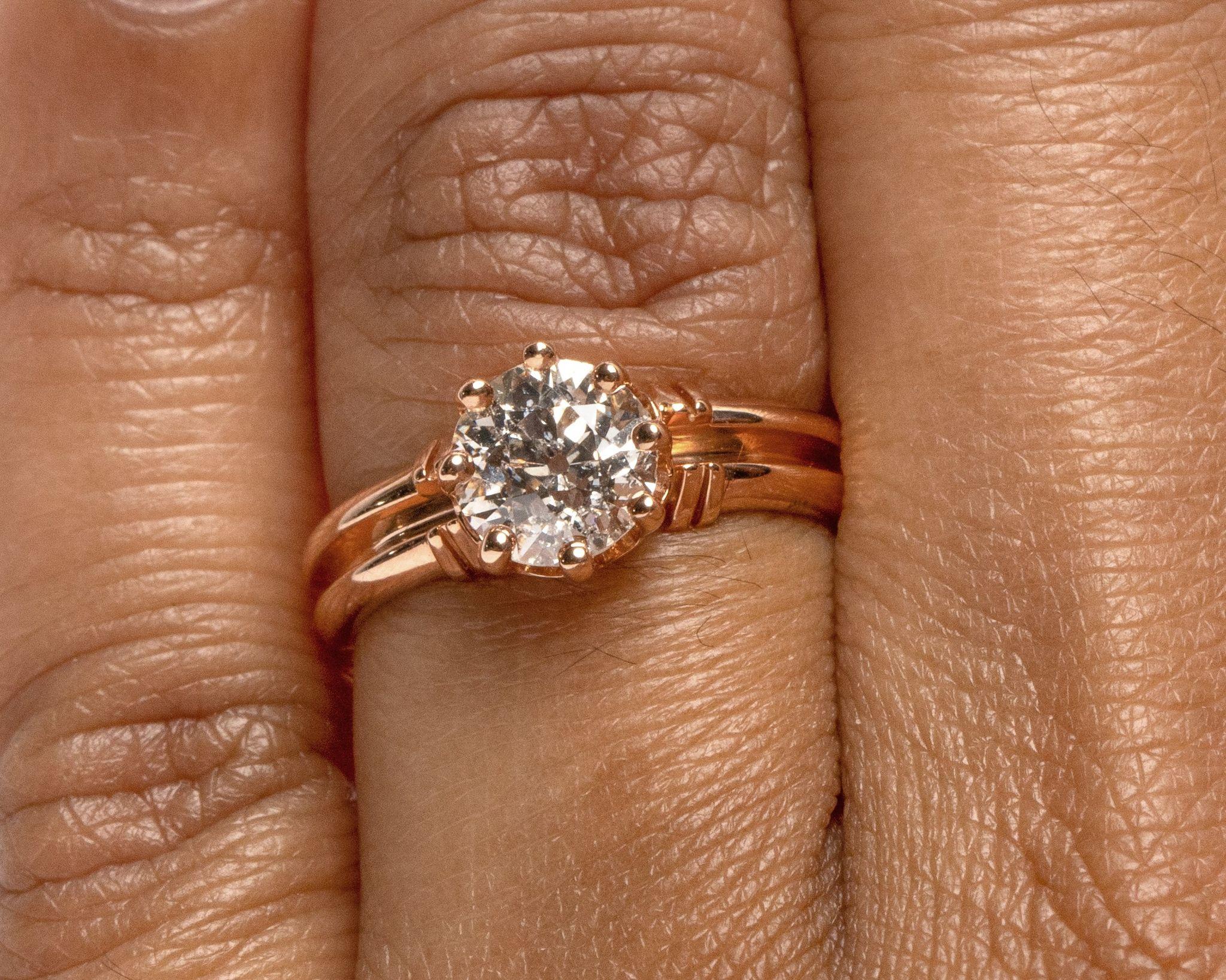 Vintage 1.28 Carat Old European Cut Diamond 14k Rose Gold Antique Solitaire Ring In Good Condition In Addison, TX