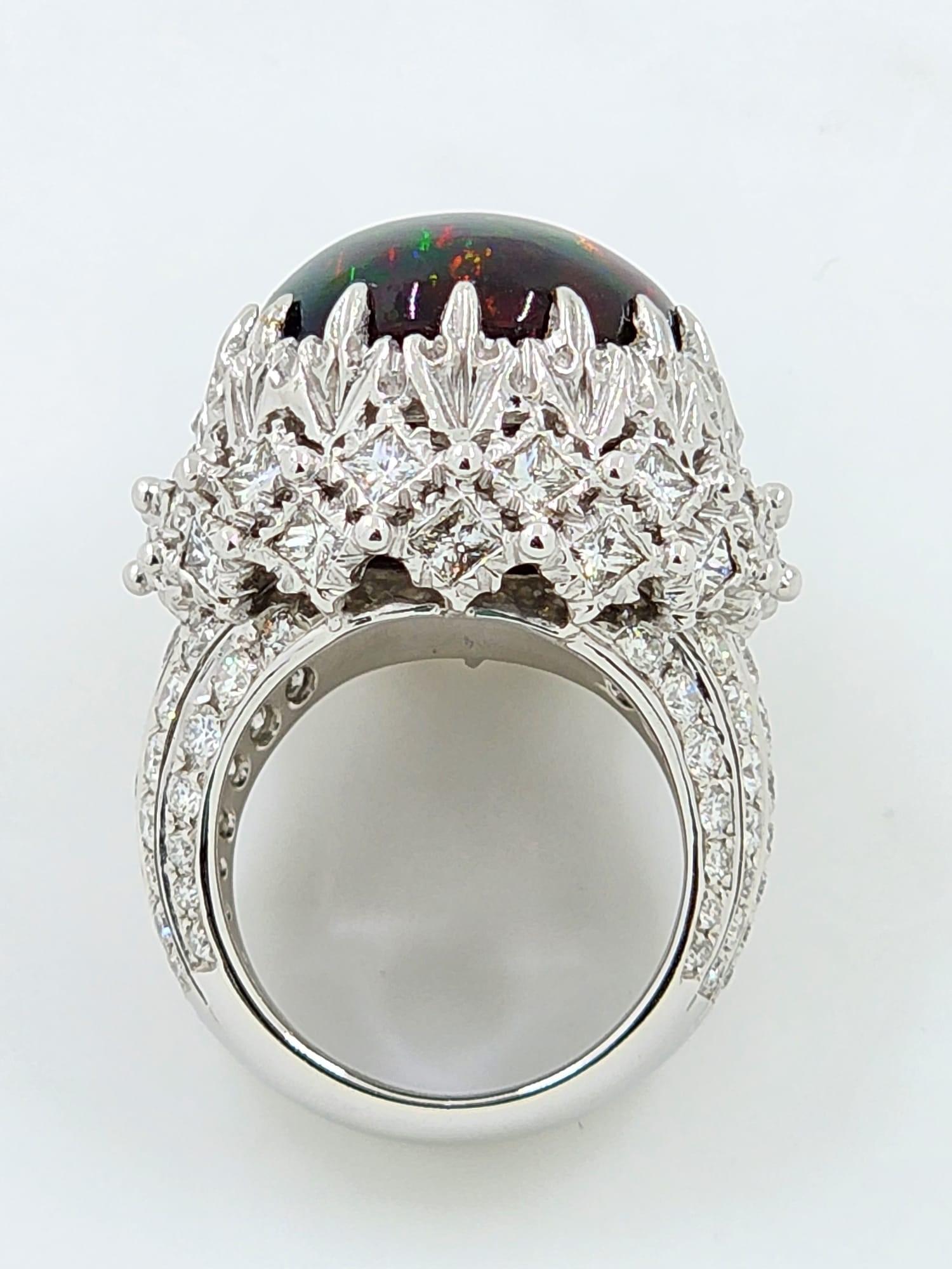 Cabochon Vintage 12.93 Black Opal Diamond Textured White Gold Statement Ring