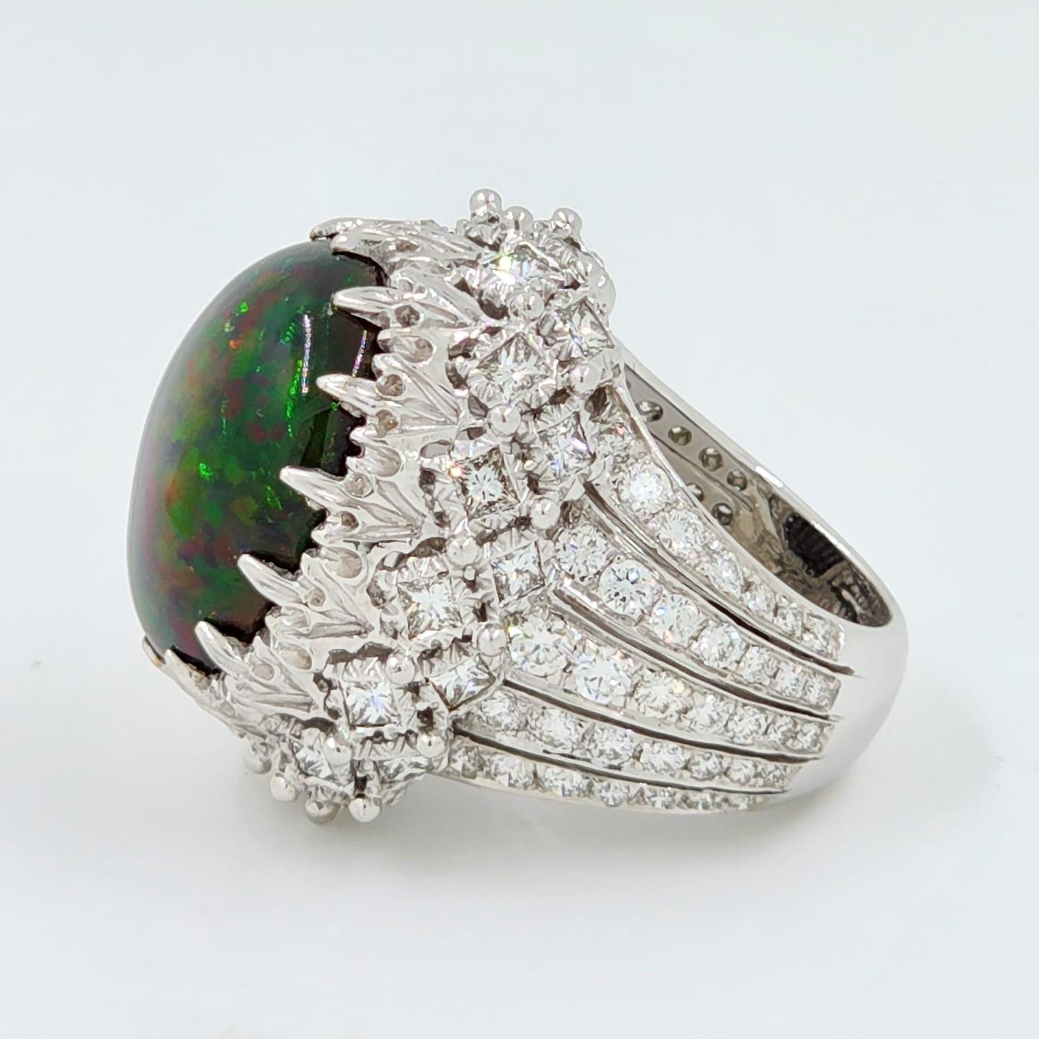 Vintage 12.93 Black Opal Diamond Textured White Gold Statement Ring In New Condition In Hong Kong, HK