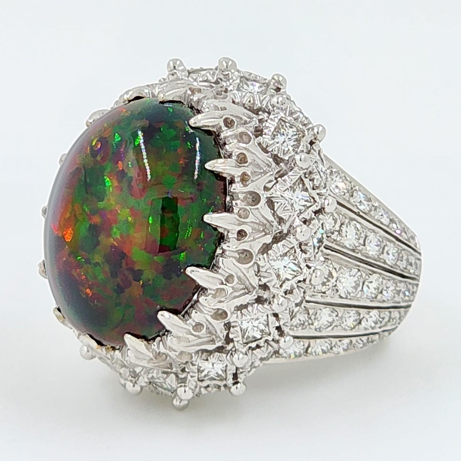 Women's Vintage 12.93 Black Opal Diamond Textured White Gold Statement Ring