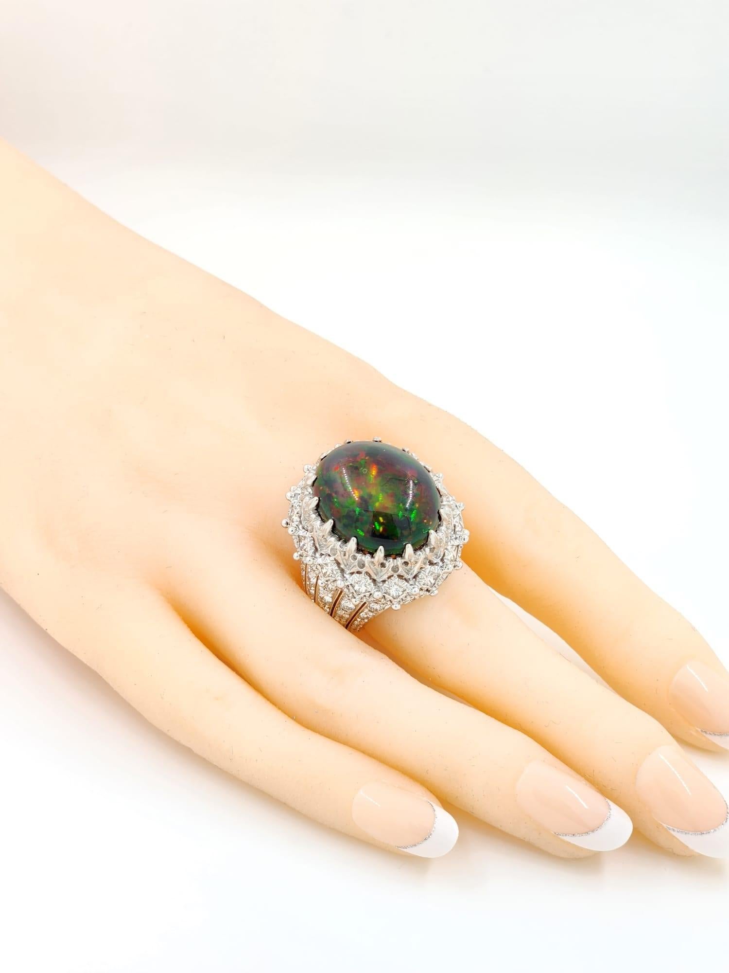 Vintage 12.93 Black Opal Diamond Textured White Gold Statement Ring 1