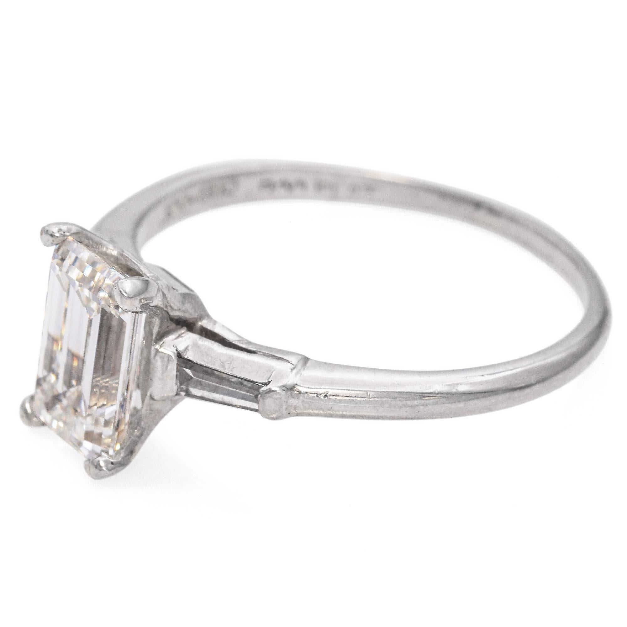 Women's Vintage Platinum 1.29ct H VS1 Emerald Cut Diamond Engagement Ring GIA For Sale