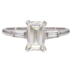 Vintage Platinum 1.29ct H VS1 Emerald Cut Diamond Engagement Ring GIA