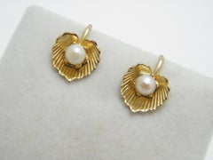 Vintage 12ct Gold 'Filled' Pearl Leaf Screw Earrings High Quality VGC