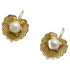 Vintage 12ct Gold 'Filled' Pearl Leaf Screw Earrings High Quality VGC