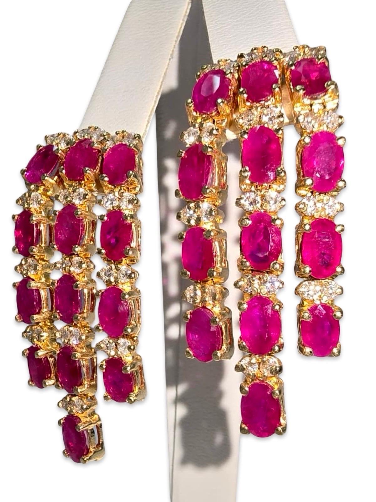 Orecchini a lampadario a cascata con rubini e diamanti d'epoca da 12 carati in oro 14K in vendita 5