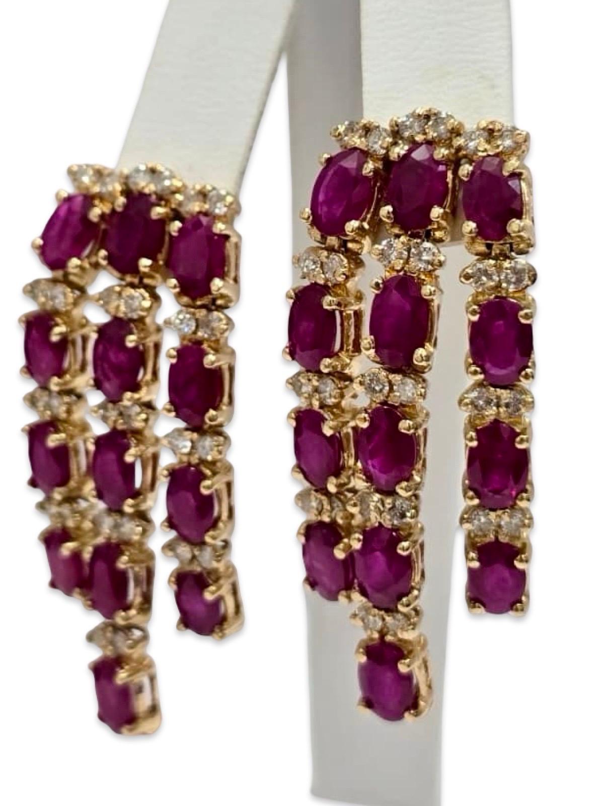 Orecchini a lampadario a cascata con rubini e diamanti d'epoca da 12 carati in oro 14K in vendita 6