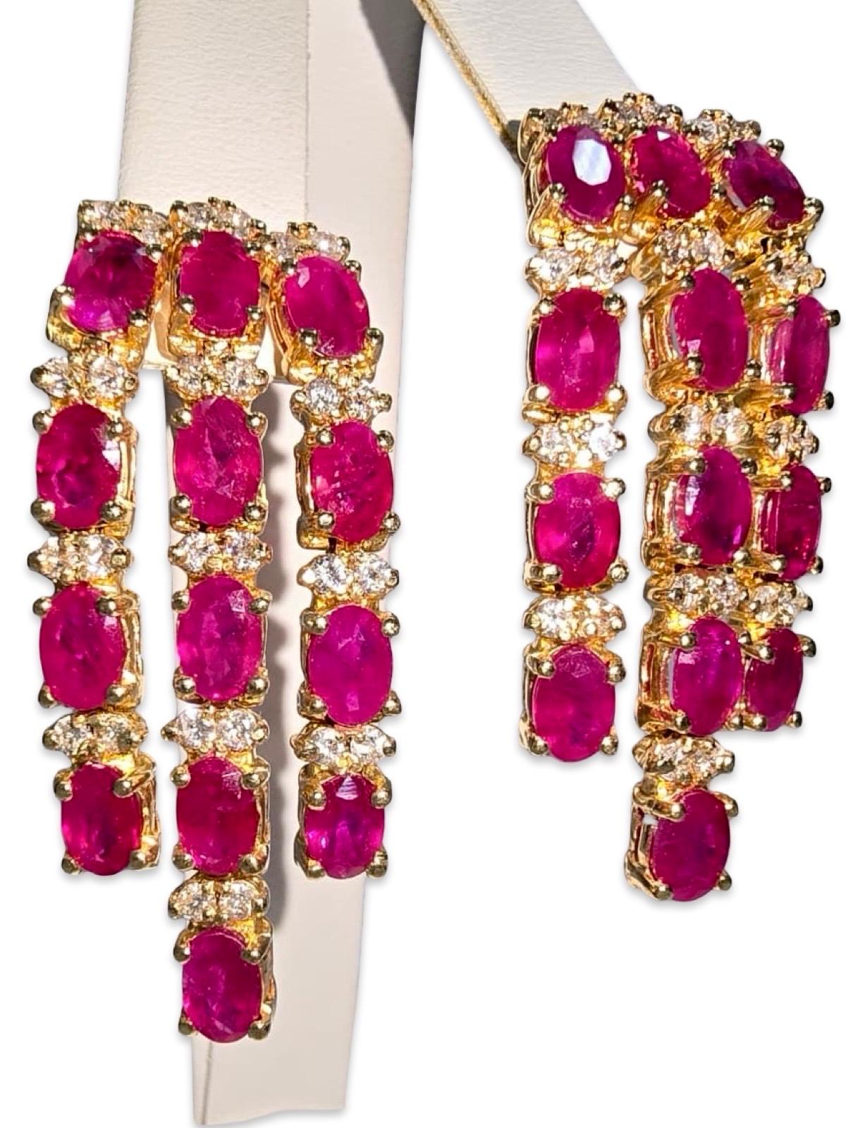 Orecchini a lampadario a cascata con rubini e diamanti d'epoca da 12 carati in oro 14K in vendita 4