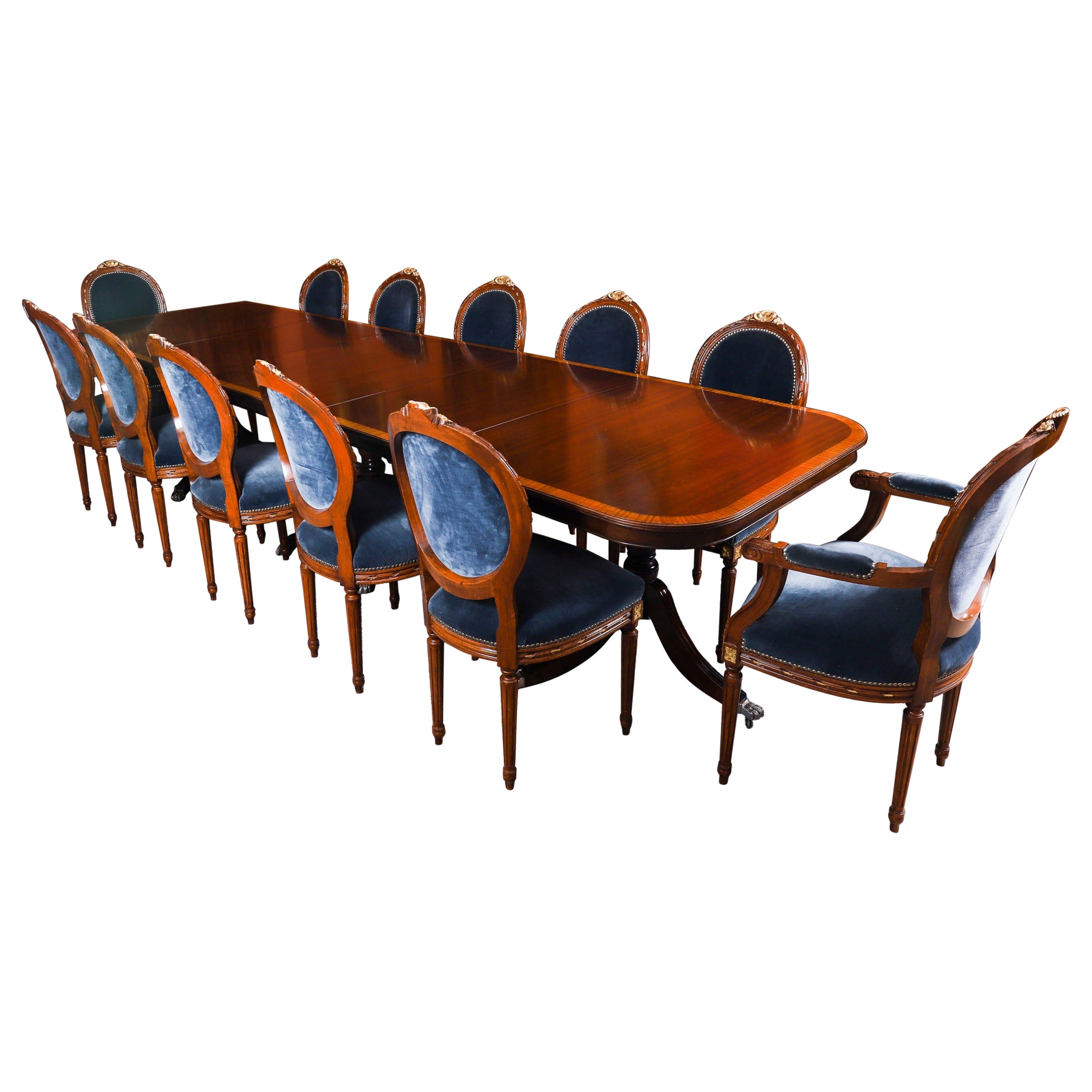 Vintage 12ft Three Pillar Mahogany Dining Table with 12 Chairs 20th Century