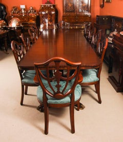 Vintage 12ft Twin Pillar Dining Table & 12 Federal Dining Chairs 20th Century