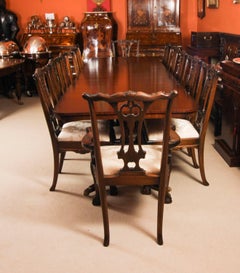 Vintage 12ft Twin Mahogany Dining Table & 12 Chippendale Chairs 20th Century