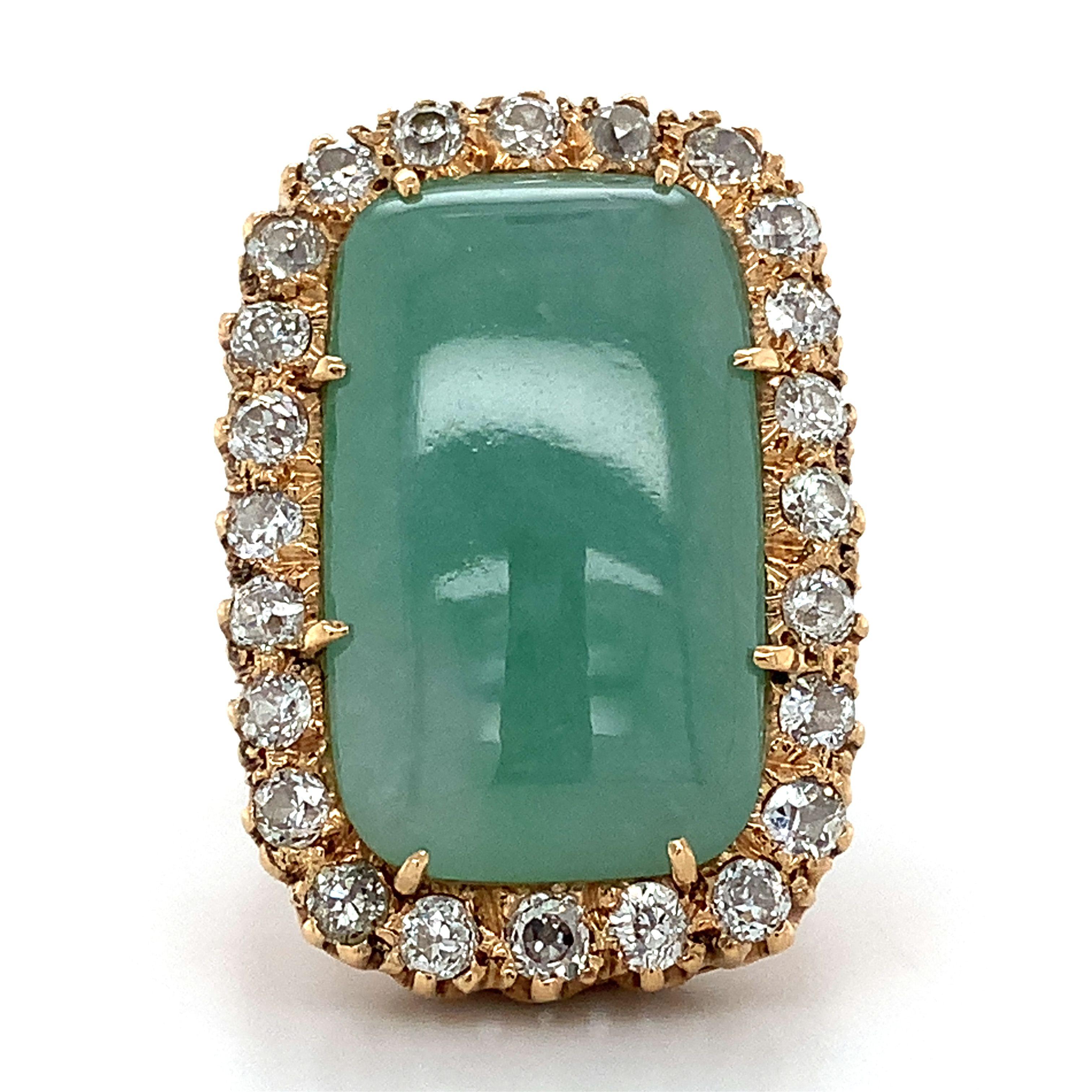 Vintage 12k Gold verlängerte Kissen Jade & europäischen Diamanten Halo Ring Größe 9 (Kissenschliff)