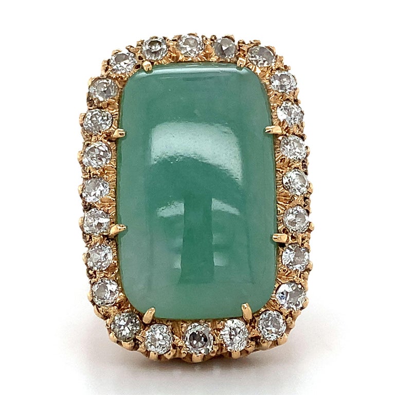 Vintage 12k Gold Elongated Cushion Jade and European Cut Diamond Halo Ring For Sale at 1stDibs